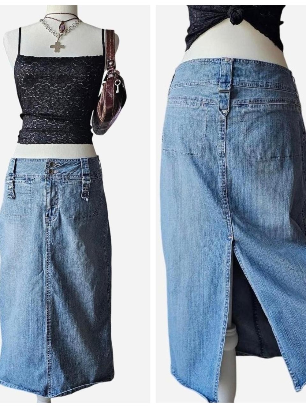 Y2k Route 66 Butterfly Denim Midi Skirt Size 10